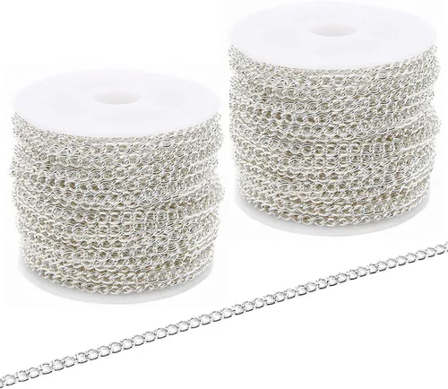 SWTOOL Cadenas de eslabones de metal de plata de 60 pies/20 yardas, cadena de hierro a granel para hacer cadenas de joyería y manualidades, 2 rollos