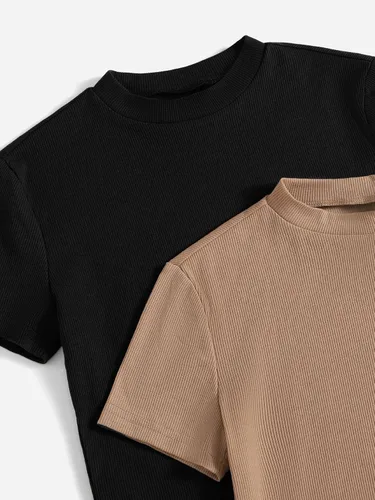 Miniatura 3 de Verdusa Paquete de 2 camisetas básicas de manga corta con cuello alto falso para mujer