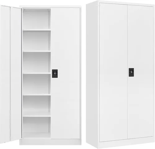 Miniatura 17 de MIIIKO Armario de almacenamiento de garaje negro con puertas y 5 estantes, almacenamiento de herramientas de acero de 71 pulgadas de alto, gabinete