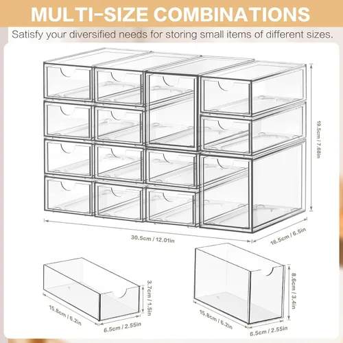 Miniatura 2 de Organizador de escritorio con 14 cajones, 14 paquetes de acrílico apilable, organizador de maquillaje, caja de almacenamiento transparente