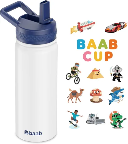 Miniatura 15 de baab Botella de agua para niños de 18 onzas, botella de agua aislada con popote y calcomanías, taza con popote de agua para niños de acero