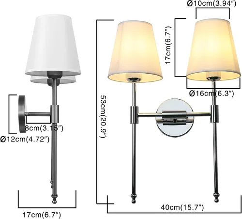 Miniatura 3 de PERMO Lámpara de pared doble clásica cromada 2 luces con pantalla de tela blanca acampanada para montaje en pared rústico