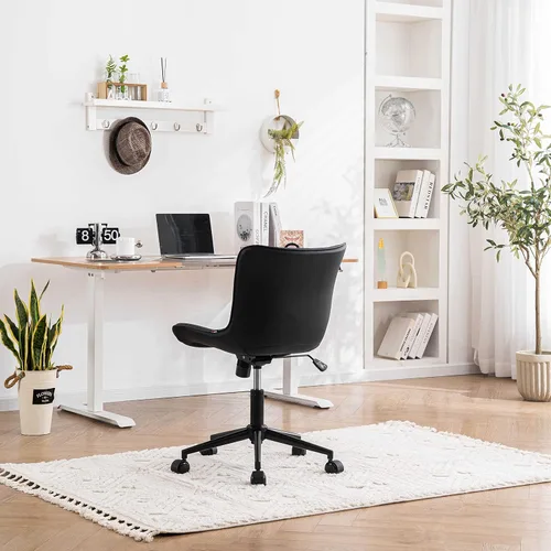 Miniatura 9 de YOUNIKE Silla de escritorio compacta negra para oficina en casa con ruedas, silla de tocador linda sin brazos cómoda con respaldo basculante