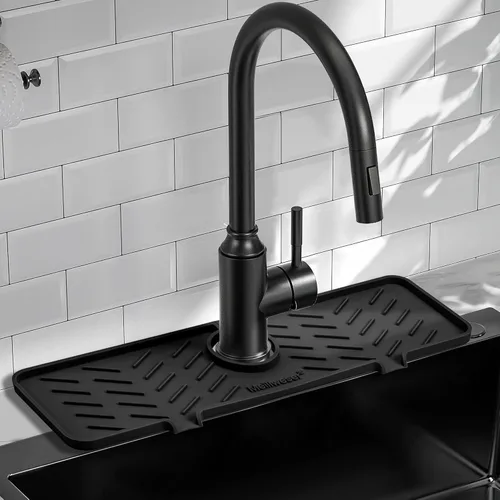 Alfombrilla de Silicona para Grifo de Fregadero de Cocina – Gen 2 Protector contra Salpicaduras con Salida y Pendiente Mejoradas – 18" x 5.1" Negro
