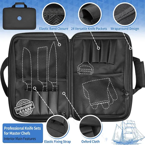 Miniatura 4 de XYJ Bolsa para cuchillos de 26 ranuras, estuche de transporte de tela Oxford, estuche de almacenamiento profesional para cuchillos de chef