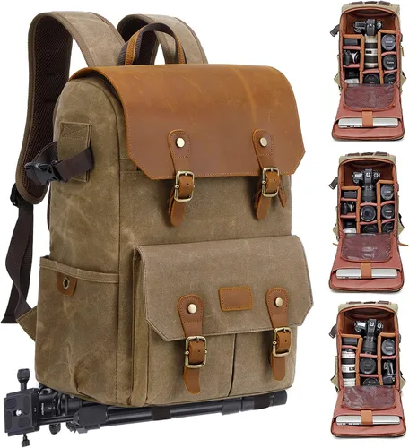 Miniatura 7 de JAEP Mochila para Cámara - Resistente a la Intemperie, Lona Encerada de Memoria de 16 Onzas – Mochilas DSLR SLR con compartimento para funda