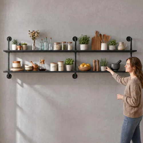 Miniatura 39 de HDDFER - Estantería industrial para tuberías rústicas en blanco, estantes de pared de tubería industrial con tablas de madera, estantes flotantes