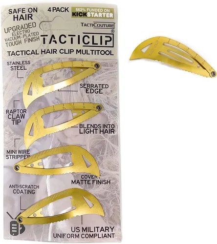 Paquete de 4 pinzas tácticas para el cabello de color marrón claro, pasadores a presión multiherramienta, llavero multifuncional de metal, cortador