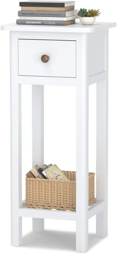 Giantex - Mesa auxiliar alta con cajón y estante, mesa auxiliar estrecha de dos niveles, mesa de noche de madera de acacia para sala de estar, mesa