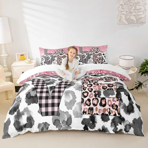 Miniatura 20 de Juego de funda de edredón para niños, tamaño individual, diseño de cebra y leopardo con purpurina, decoración de habitación para niñas y mujeres