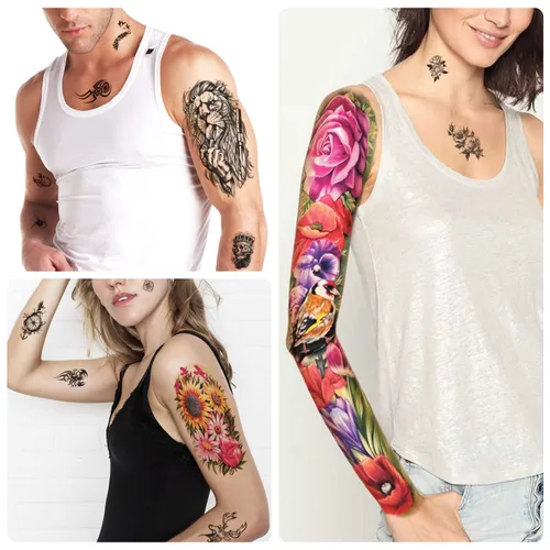 Miniatura 3 de 55 hojas de tatuajes temporales para hombres y mujeres, 8 tatuajes falsos de brazo completo, 17 tatuajes de flores de calavera falsa de medio brazo