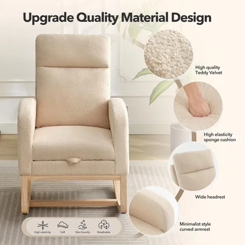 Miniatura 3 de Mecedora con reposapiés, sillón reclinable con respaldo alto, patas de madera y bolsillo lateral para sala de estar, dormitorio, color beige