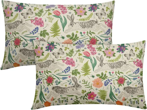 Miniatura 20 de Juego de 2 fundas de almohada de primavera de 16 x 16 pulgadas, diseño de conejo, flores rosas, hojas verdes salvia, plantas botánicas vintage