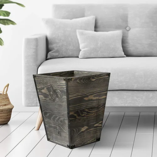 Miniatura 6 de Basurero cuadrado de madera estilo granja con soportes metálicos decorativos para dormitorio, sala de estar, baño y oficina, papelera (gris rocho)