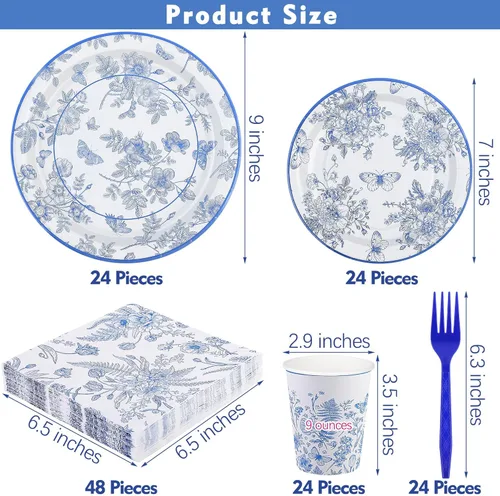 Miniatura 2 de DuroNY 144 piezas de juego de vajilla desechable azul y blanco con flores, platos de papel florales elegantes de 9 pulgadas y 7 pulgadas, vasos