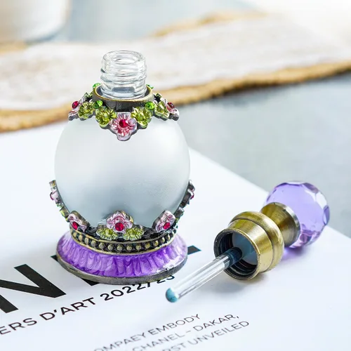 Miniatura 3 de YU FENG Botella de perfume de cristal antiguo de 15 ml, botella pequeña con flor embellecida, redonda, recargable, elegante, retro, botella de Morado