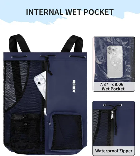 Miniatura 3 de WANDF Mochila de Malla con Cordón para Natación, con Bolsillo para Artículos Húmedos, para Natación, Gimnasio y Equipo de Entrenamiento Azul oscuro