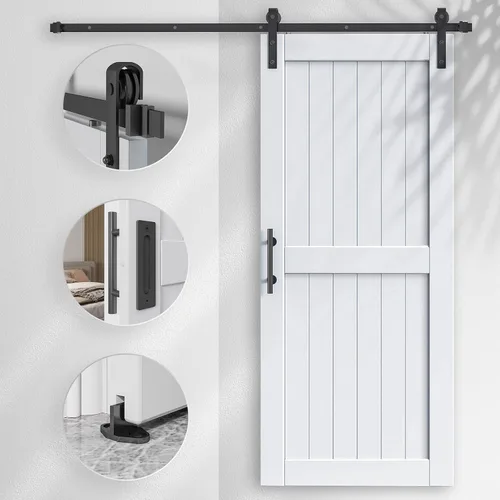 Miniatura 3 de Puerta de granero EaseLife de 36 x 84 pulgadas en blanco con kit de herrajes para puerta corredera de 6.6 pies incluido y manija, madera maciza