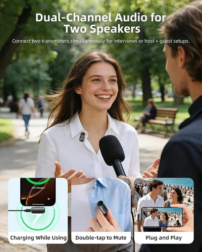 Miniatura 9 de Mini micrófono inalámbrico Lavalier para iPhone y cámara Android, micrófonos inalámbricos de doble canal con cancelación de ruido AI, rango de 328
