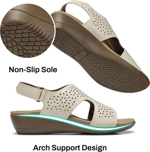 Miniatura 4 de SHIBEVER Sandalias planas para mujer, cómodas y elegantes, con soporte de arco ortopédico, puntera abierta, sandalias de verano para caminar