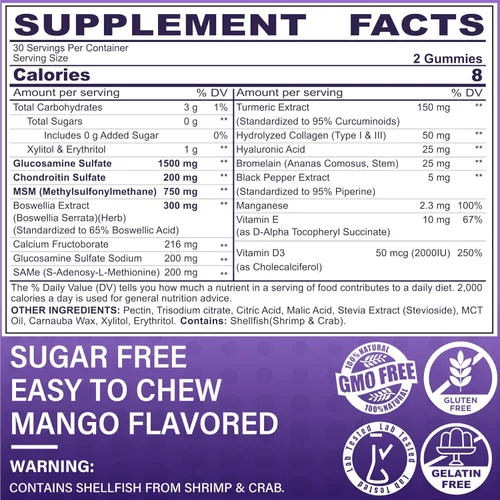 Miniatura 2 de Gomitas de condroitina de glucosamina, suplemento MSM de glucosamina condroitina sin azúcar, extra fuerte con cúrcuma boswellia, colágeno