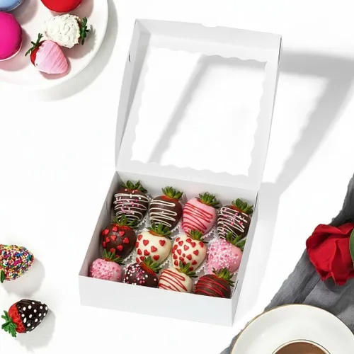 Miniatura 5 de RomanticBaking 28 cajas de panadería de 9 x 9 x 2.5 pulgadas con ventana para pastel, fresas cubiertas de chocolate, corazón quebradizo, galletas