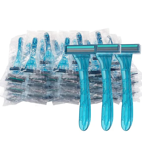 Paquete de 100 maquinillas de afeitar desechables envueltas individualmente, a granel, cuchillas de acero inoxidable gemelas para hotel, viajes, Azul