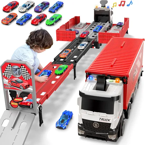 Miniatura 8 de Camión de carreras para niños, juguete plegable de 3 capas para niños, camión de juguete para transportar autos y 8 autos de carreras, juguetes