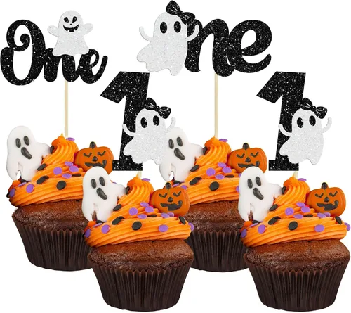 Miniatura 8 de Gyufise 24 adornos para cupcakes de Halloween con calabaza, fantasma, purpurina negra, decoraciones para cupcakes para niños, decoración de fiesta
