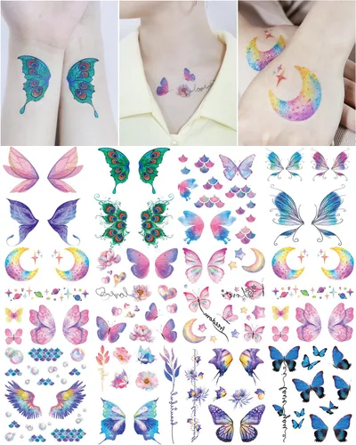 Maquillaje de mariposa con purpurina para mujeres adultas, 12 hojas de mariposas coloridas, alas falsas de hada, calcomanías impermeables para