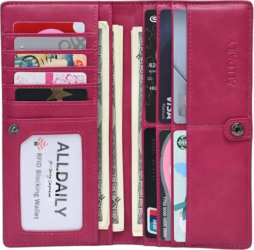 Miniatura 6 de Alldaily Ultra Delgado Fina Cartera para Mujer Bloqueo RFID Titular de Tarjetas de Crédito Bifold Largo Billfold Damas, Fucsia púrpura, Minimalista