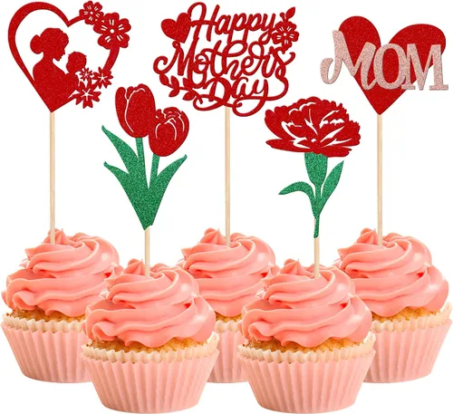 Miniatura 19 de Rsstarxi 1 paquete de decoración para pastel con flores de purpurina con doble corazón Love Mom Best Mom Best Mom Cake Pick Decoraciones para feliz