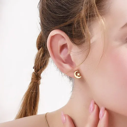 Miniatura 6 de Pendientes de tuerca con estrella de luna crecienteAnkh, aretes de acero inoxidable chapados en oro de 18 quilates, joyería para mujer