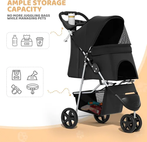 Miniatura 6 de Magshion Cochecito para mascotas de 3 ruedas, cochecito de viaje plegable para perros y gatos pequeños y medianos (hasta 33 libras), transportador