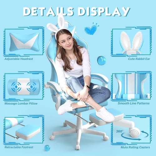 Miniatura 4 de Ferghana - Silla de juego Kawaii en azul claro con orejas de conejo, silla Gamer ergonómica y linda con reposapiés y masaje, silla de juego