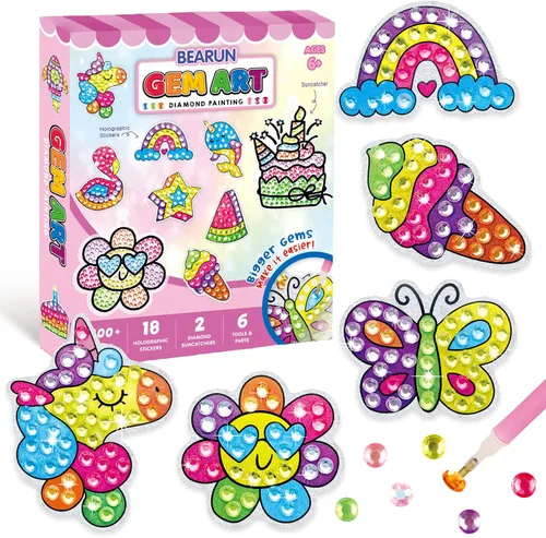 BEARUN Gem Art, kit de pintura de diamantes para niños, gran joya 5D, artes y manualidades para niñas de 6 a 12 años, crea tus propias calcomanías