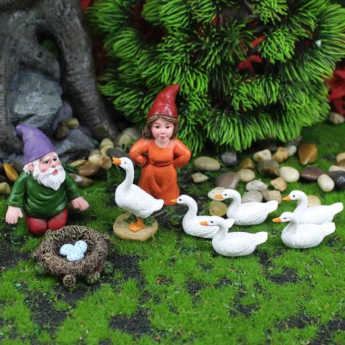 Accesorios de jardín de cuento de hadas, estatua de gnomo en miniatura y estatua de ganso blanco, 9 piezas, maceta y decoración del hogar Dx-01