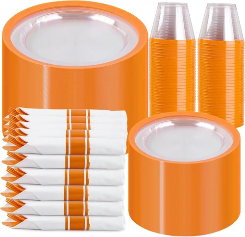 Miniatura 9 de I00000 Juego de 210 platos rojos, platos de plástico transparente y rojo que incluye 60 platos, 30 tazas, 30 servilletas enrolladas con cubiertos