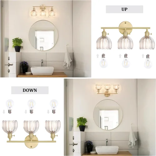 Miniatura 6 de Shenmoyl Accesorios de Iluminación para Baño, Lámpara de Pared de Latón de 3 Luces para Tocador Sobre Espejo con Pantalla de Cristal Tulipán Base