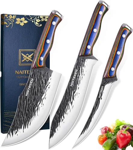 Naitesen 3 piezas de juego de cuchillos de carnicero forjados a mano, cuchillo de chef serbio muy afilado, cuchillo para deshuesar para cortar