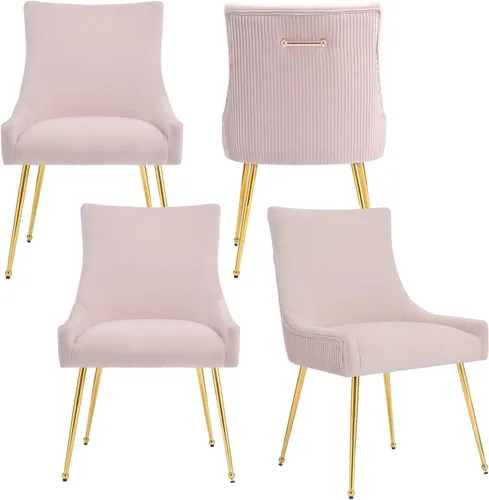 Miniatura 29 de adochr Juego de 2 sillas de comedor modernas con patas de metal dorado, silla de cocina tapizada de terciopelo, respaldo plisado, silla decorativa