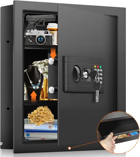 Miniatura 8 de Caja fuerte de pared de 17.7 pulgadas de alto entre los postes de 16 pulgadas, caja fuerte de pared oculta con 2 estantes extraíbles y bandeja