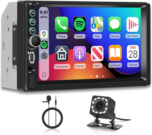 Estéreo de coche doble DIN con pantalla táctil HD de 7 pulgadas, Carplay inalámbrico y Android Auto, Bluetooth, SWC, receptor de radio FM para