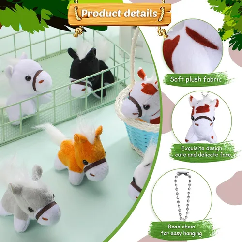 Miniatura 4 de Aoriher - 24 piezas de animales de peluche de caballo de 3.15 pulgadas, mini llavero de peluche con cadena desmontable, juguetes de animales