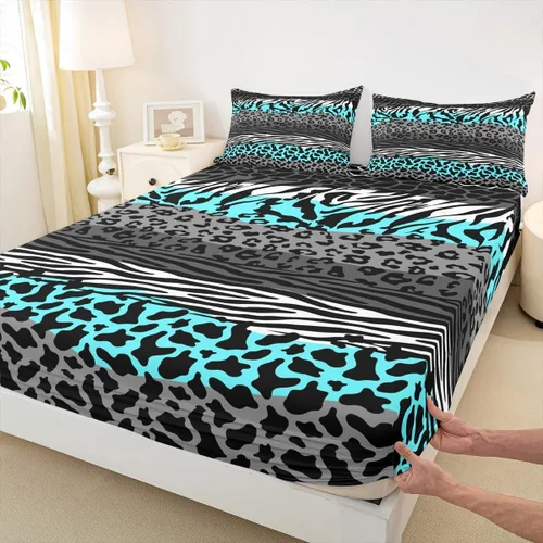 Miniatura 29 de Sábana bajera ajustable con estampado de leopardo, tamaño individual, juego de ropa de cama rústica con rayas de piel de cebra, decoración