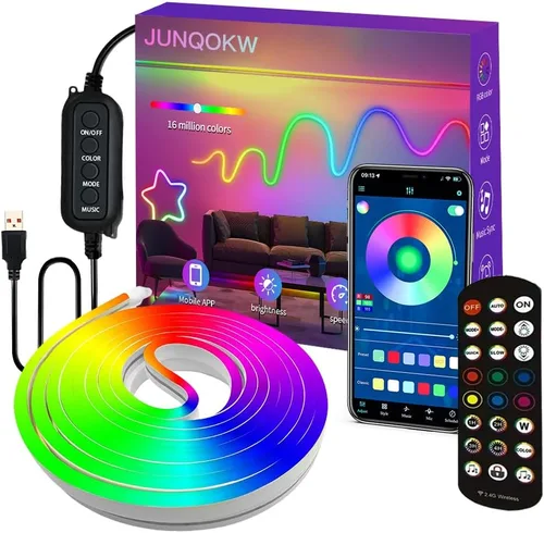 Tira de luces LED de neón USB de 9.8 pies, tira de luces LED RGB IC inteligentes para dormitorio, tira de luz de neón LED de sincronización de