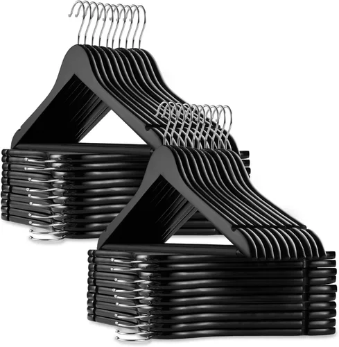 Casafield - 40 Perchas de Madera Negra para Trajes - Madera de Loto Premium con Muescas y Gancho Giratorio Cromado para Ropa de Vestir, Abrigos,