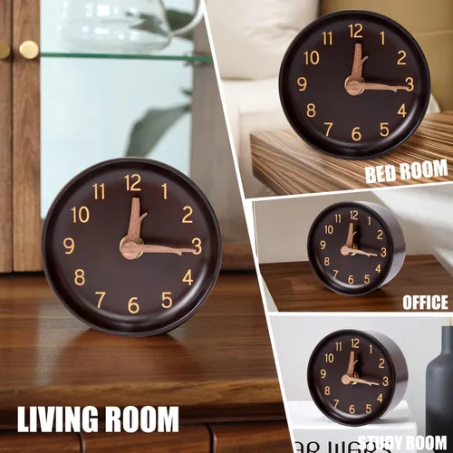 Miniatura 7 de Reloj de escritorio analógico de madera, pequeño, redondo, de cuarzo, funciona con pilas, sin tictac, silencioso, para oficina, sala de estar, 4