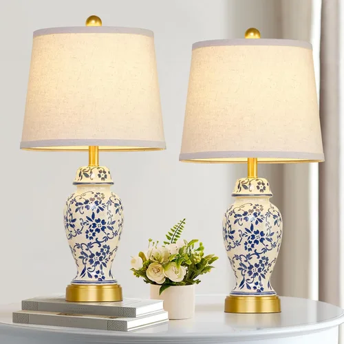 Miniatura 9 de Chinoiserie - Juego de 2 lámparas de mesa de cerámica para sala de estar, dormitorio, mesita de noche, lámpara de mesa clásica de porcelana azul