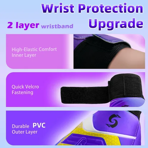 Miniatura 3 de Sportout Guantes de portero para niños, guantes de fútbol con doble protección en la muñeca y material de látex resistente al desgaste y Púrpura